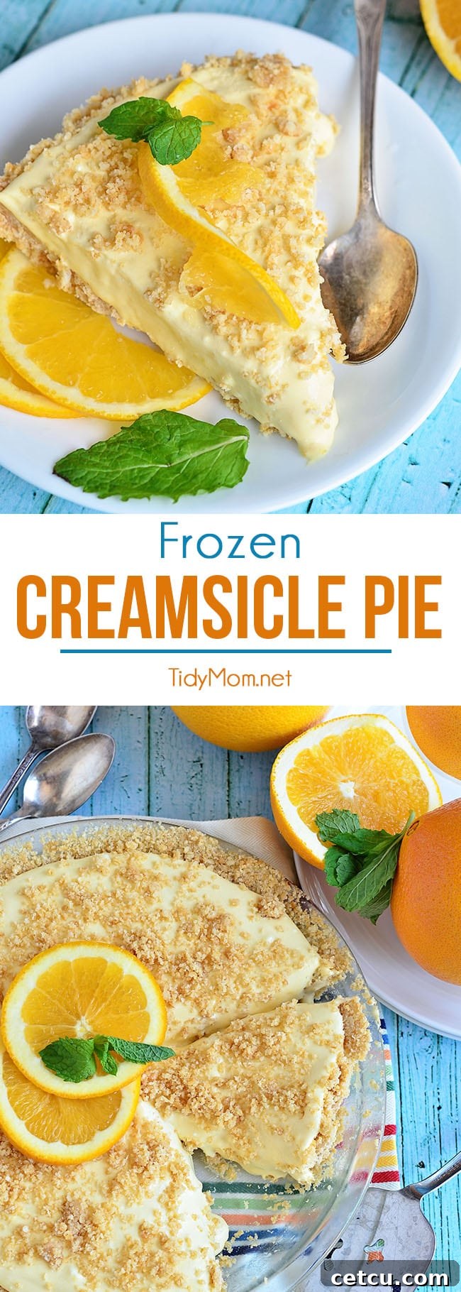 A beautiful collage of Frozen Creamsicle Pie photos, highlighting its preparation, crust, filling, and serving ideas, ideal for sharing on social media.
