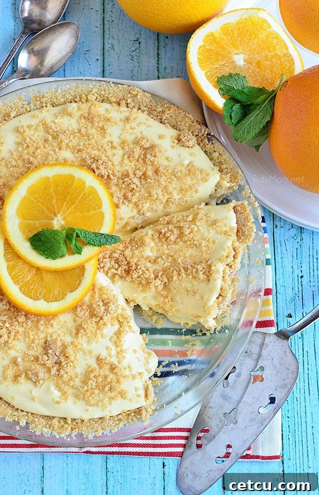 A close-up shot of the Frozen Creamsicle Pie, showing the smooth, creamy texture of the orange and vanilla layers ready to be scooped.
