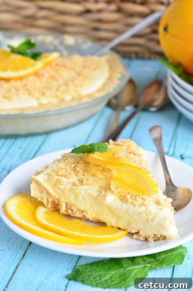 A vibrant slice of Frozen Creamsicle Pie, showing the distinct layers of crust and creamy orange-vanilla filling.