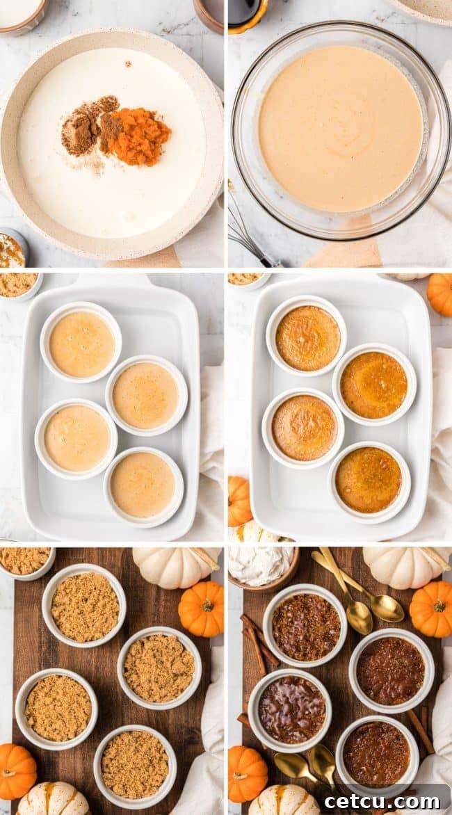 A step-by-step photo collage illustrating the process of making Pumpkin Crème Brûlée, from heating the cream mixture to tempering eggs and baking in a water bath.