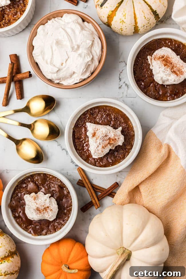 A single serving of Pumpkin Crème Brûlée with a bowl of whipped cream and a whisk in the background, suggesting delightful preparation.