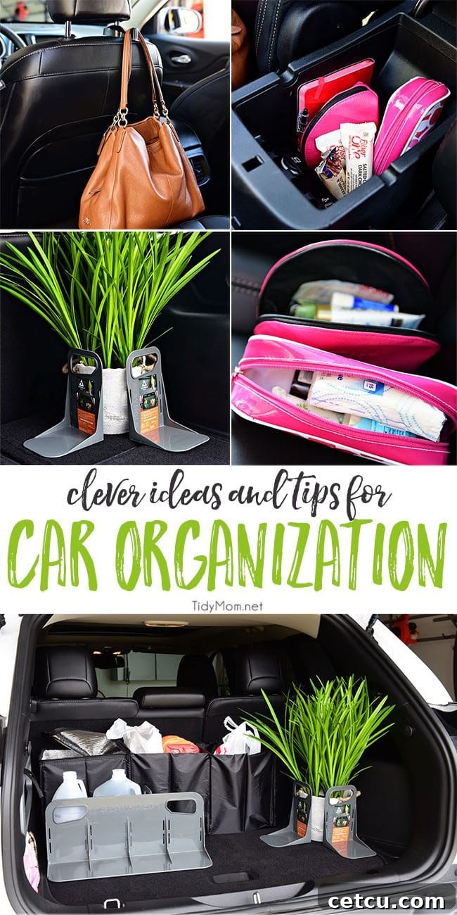 Collage of car organization tips and tools for a tidy vehicle