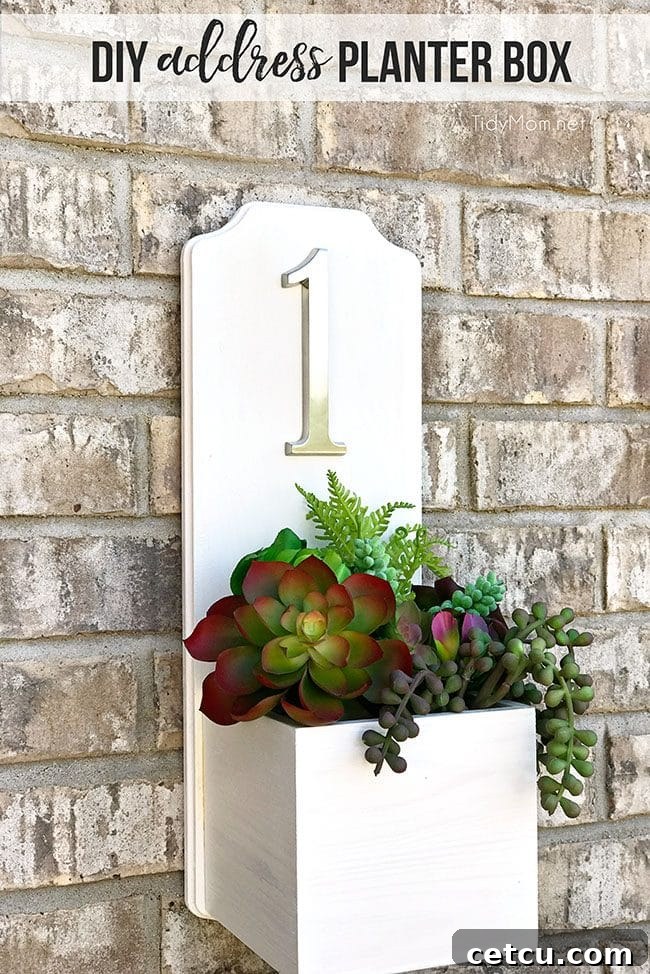 Modern DIY Address Planter Box with vibrant succulents and a prominent house number, enhancing front door curb appeal