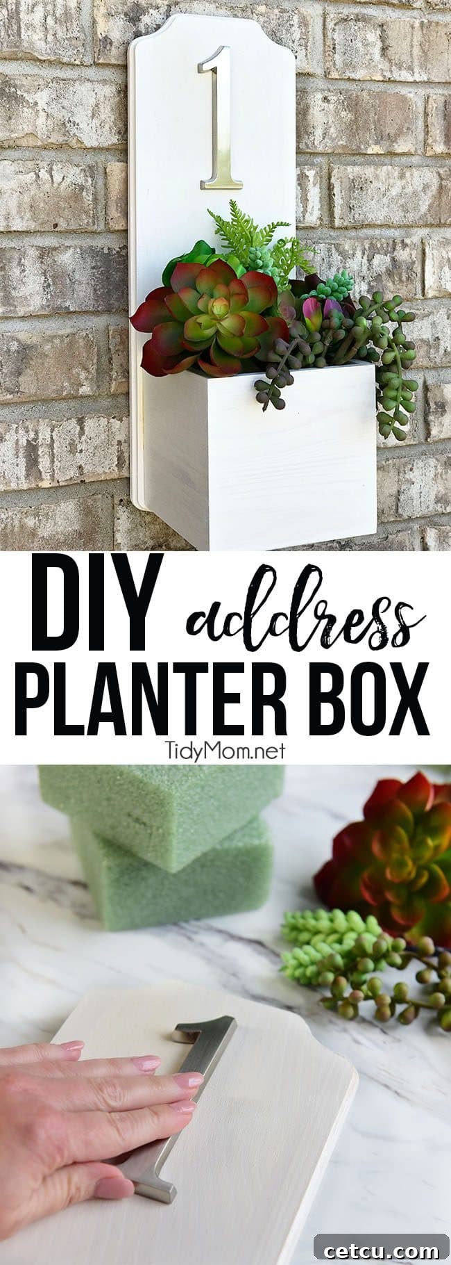 Collage of DIY Address Planter Box steps and final product, highlighting its ease and aesthetic appeal for curb appeal