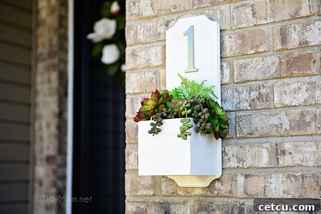 Completed DIY Address Planter Box with a clearly visible house number and lush faux succulents, ready to enhance any front porch