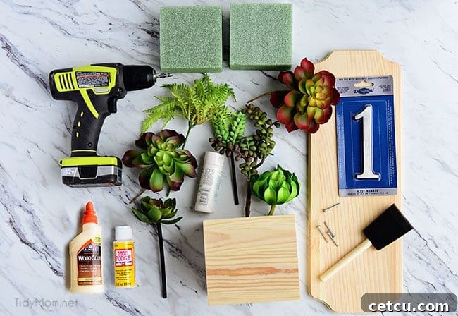 Supplies laid out for DIY Address Planter Box project including wood plaque, box, house numbers, faux succulents, paint, and glue