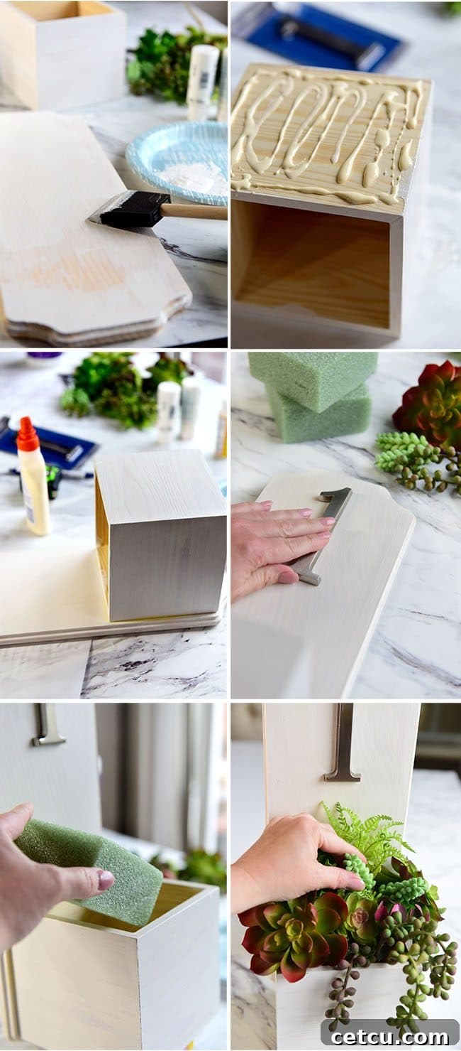 Detailed visual guide for creating a DIY Address Planter Box, showing painting, gluing, and succulent placement steps