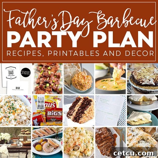 Father's Day Barbecue Party Plan with a collage of delicious recipes and festive decor ideas