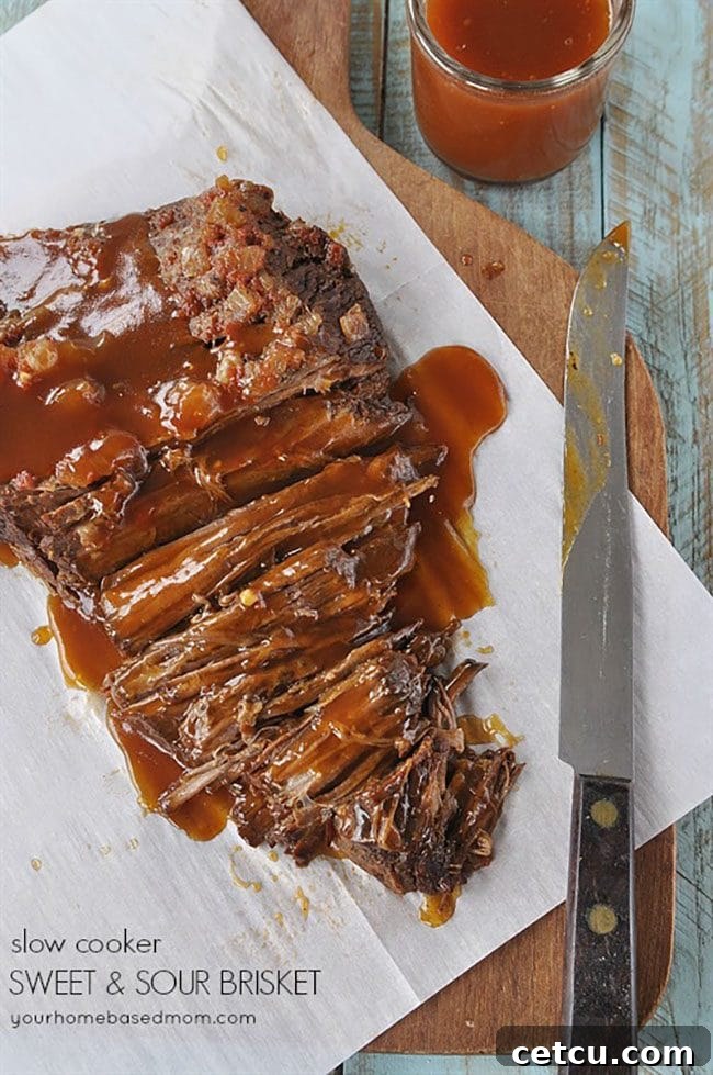 Slow Cooker Sweet & Sour Beef Brisket, a tender and flavorful entree for your barbecue