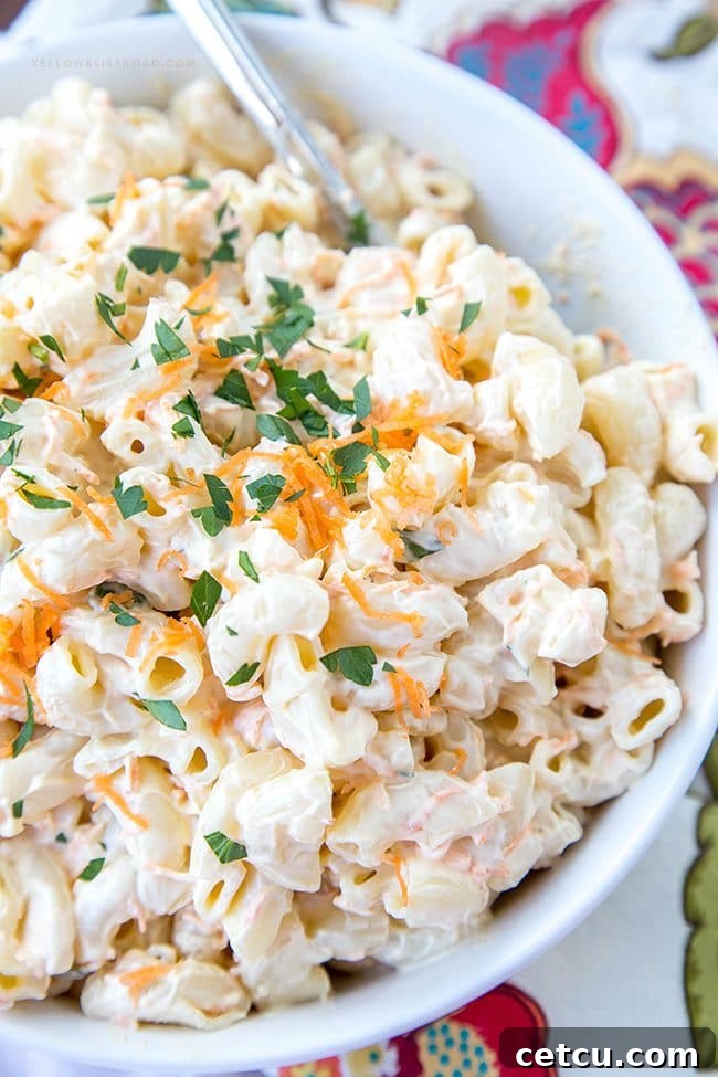 Hawaiian Macaroni Salad, a creamy and sweet side dish for a summer barbecue