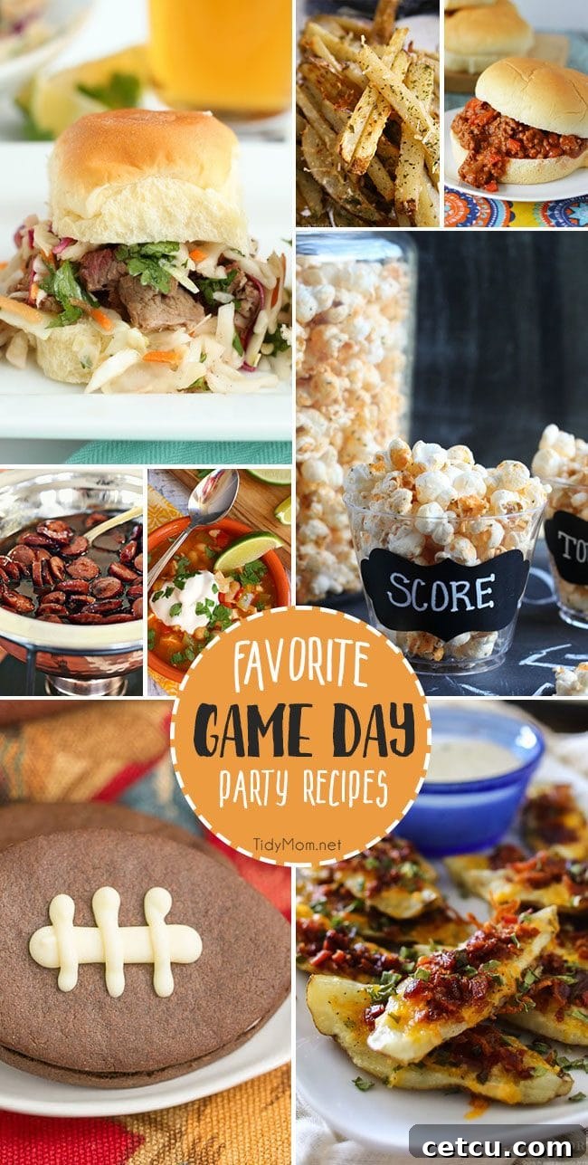 A vibrant collage of game day party recipes, featuring mouthwatering brisket sliders, cheesy loaded potato wedges, spicy buffalo ranch popcorn, and adorable football-shaped cookies. This collection promises to be your ultimate guide to scoring big with delicious food for any game day gathering.