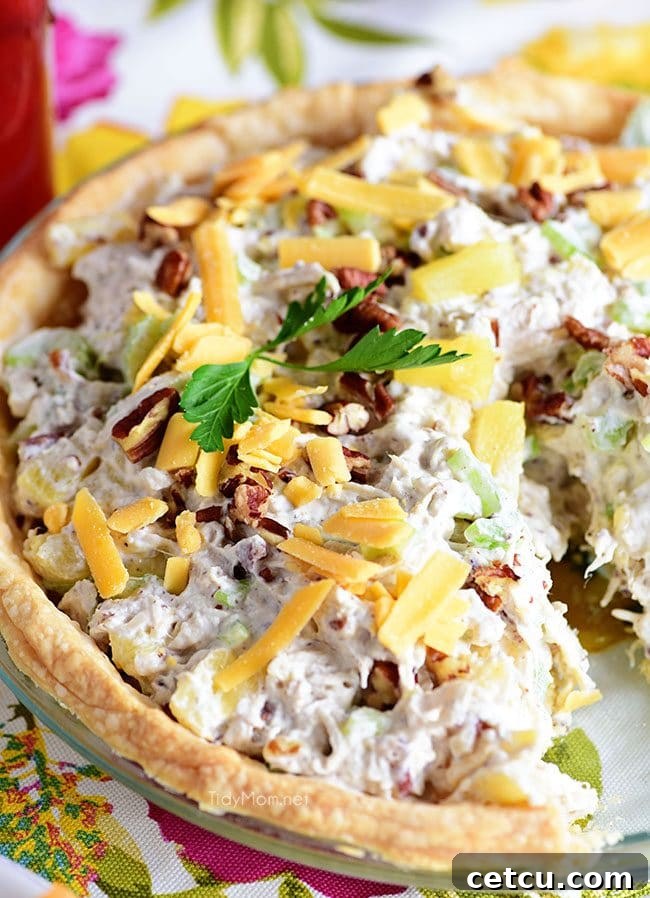 A close-up view of Pineapple Chicken Salad Pie, highlighting its creamy texture, golden crust, and the delicious mix of ingredients.