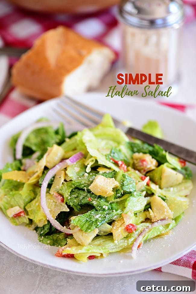 restaurant-style simple Italian Salad on a plate, featuring crisp lettuce, red onion, and other fresh ingredients, with a side of zesty homemade vinaigrette