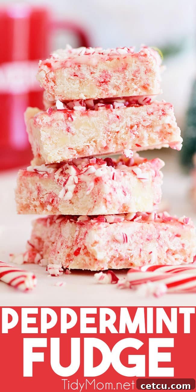 Cooked in the microwave, this easy Peppermint Fudge is a sweet addition to any holiday gathering. Perfect when you need a quick treat for a party, cookie tray or neighbor gifts. Printable recipe at TidyMom.net #fudge #peppermint #candycane #microwavefudge #christmas #christmasfudge A stack of Peppermint Fudge pieces, showcasing their rich texture and candy cane topping