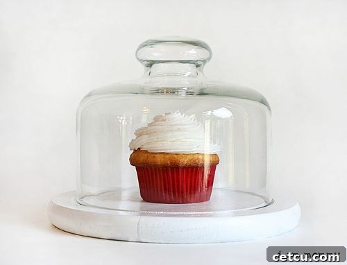 After: A beautifully transformed DIY cake stand with a white painted base and a black plate, showcasing a cupcake