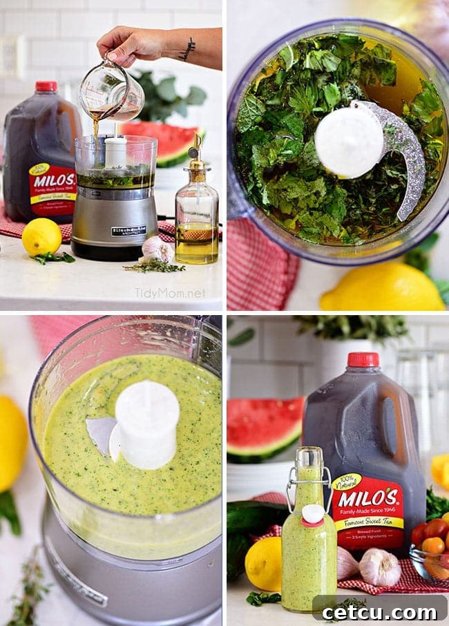 Sunshine Pasta Salad 4 Photo collage depicting the preparation process of a sweet tea vinaigrette dressing.