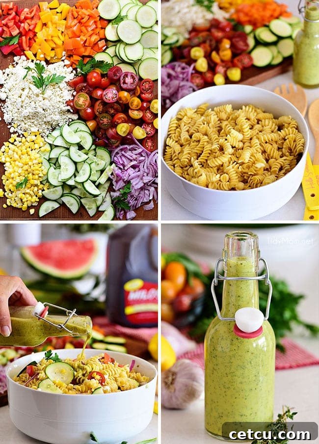 Sunshine Pasta Salad 5 A vibrant photo collage showcasing various angles and ingredients of the summer pasta salad.