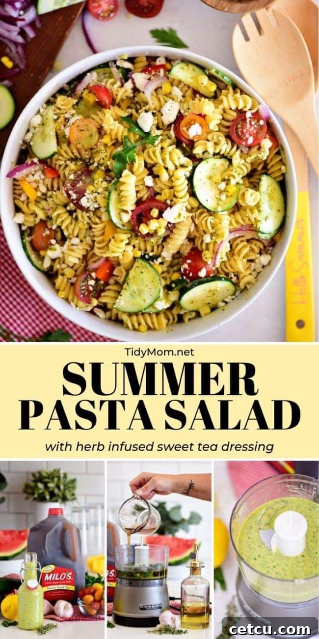 Sunshine Pasta Salad 8 A large bowl of summer pasta salad with sweet tea dressing, garnished with fresh herbs, ready for serving.