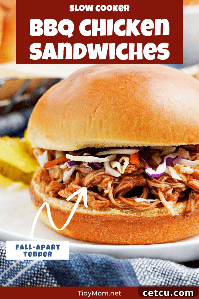 A single slow cooker BBQ chicken sandwich on a bun with coleslaw, served on a round plate with a blue napkin