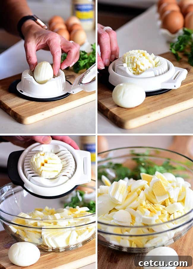 Chopping hard-boiled eggs efficiently with an egg slicer, a handy kitchen tool.