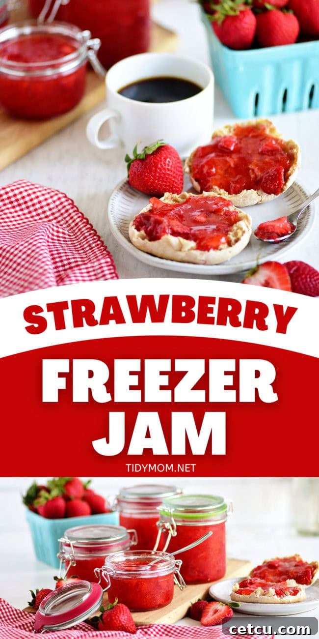 A large photo collage featuring various images of homemade strawberry freezer jam