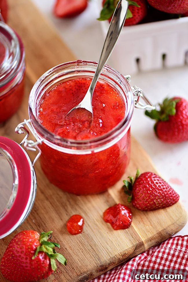 An open jar of luscious no-cook strawberry jam with a spoon, highlighting its texture