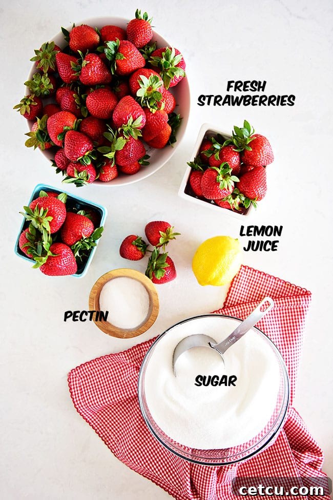 All the necessary ingredients laid out for making Easy Strawberry Freezer Jam