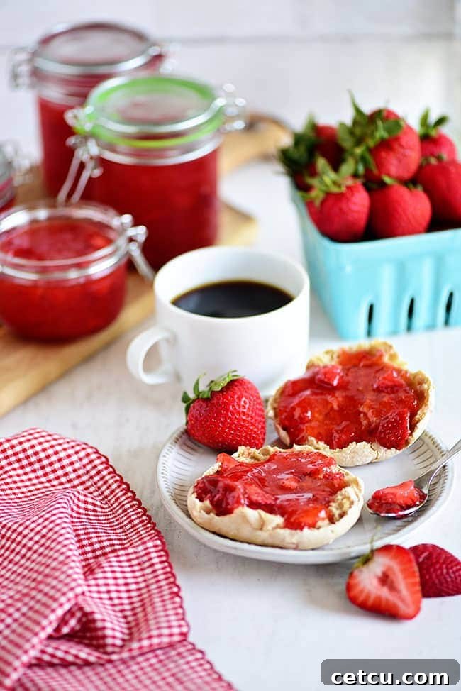 A serving of no-cook Strawberry Freezer Jam spread on an English muffin next to a cup of coffee