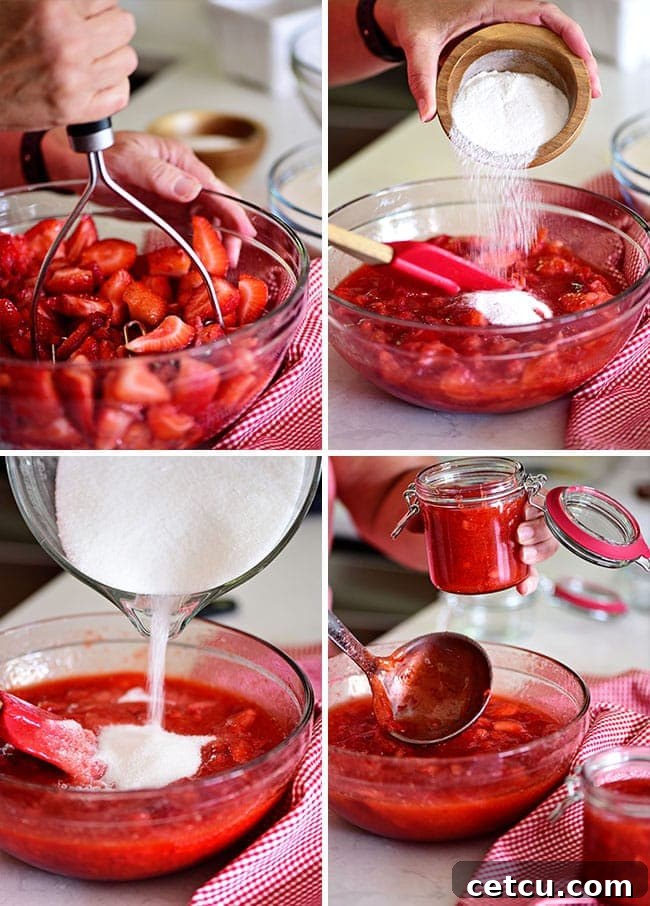 A photo collage demonstrating the step-by-step process of making Strawberry Freezer Jam