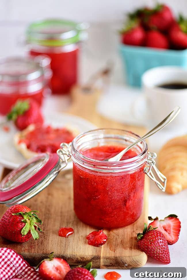 An open jar of Strawberry Freezer Jam with fresh berries on the side, ready to be enjoyed