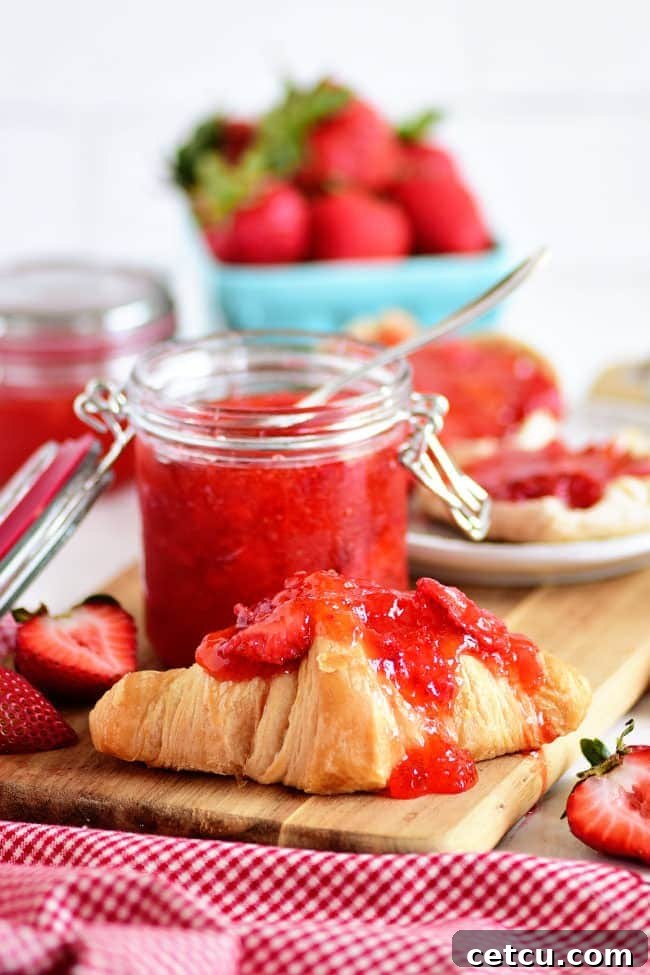 No-cook Strawberry Freezer Jam spread generously on a buttery croissant