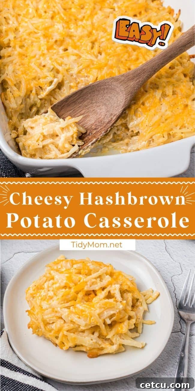 Loaded Cheesy Hashbrown Bake 14 photo collage of hashbrown casserole in a baking dish and served on a plate