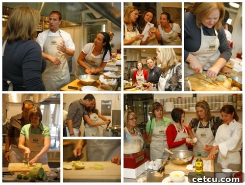 Learning A group of bloggers actively participates in a cooking lesson, learning new techniques from a chef.