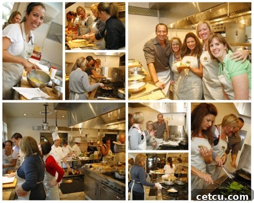 cooking Bloggers intently cook various dishes in a professional kitchen setting at the Culinary Institute of America.