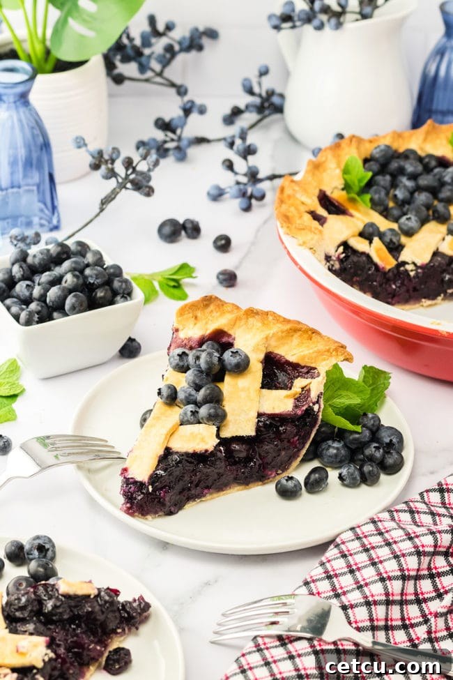 A perfectly baked slice of homemade blueberry pie on a white plate, garnished with fresh blueberries, with the full pie and pie dish blurred in the background.