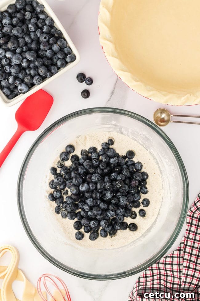 Step one: combining dry ingredients for blueberry pie filling in a glass mixing bowl.