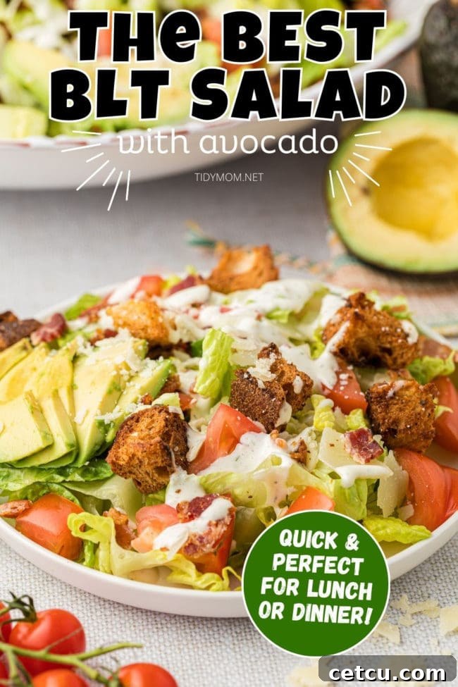 A close-up shot of a BLT salad served in a white bowl, with generous amounts of creamy dressing, ready to be enjoyed.