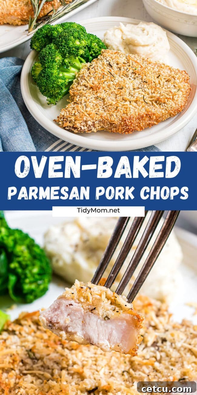 A collage of Parmesan crusted baked pork chops photos, showcasing the crispy crust, juicy interior, and finished plated meal.