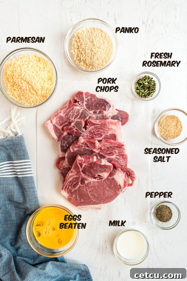 A vibrant display of ingredients for Parmesan crusted baked pork chops, including panko breadcrumbs, shredded Parmesan cheese, fresh rosemary, eggs, and raw pork chops.