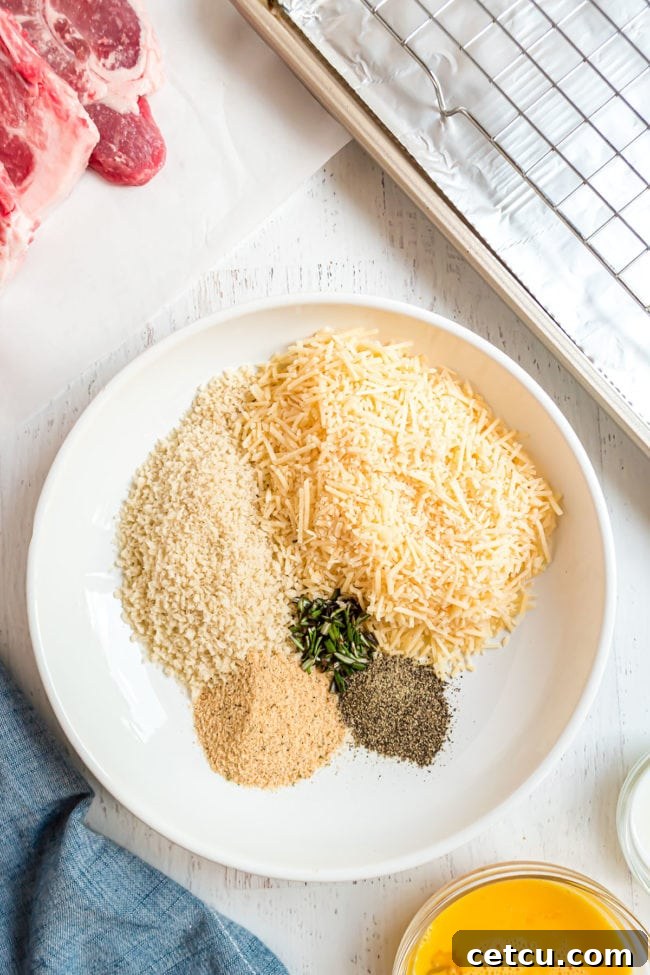 A bowl filled with a mixture of panko breadcrumbs, shredded Parmesan cheese, and fresh seasonings, ready for coating.