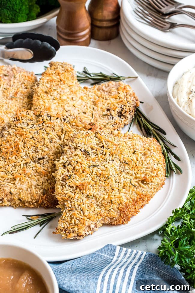 A beautifully plated Parmesan crusted baked pork chop garnished with fresh rosemary, ready to be served.