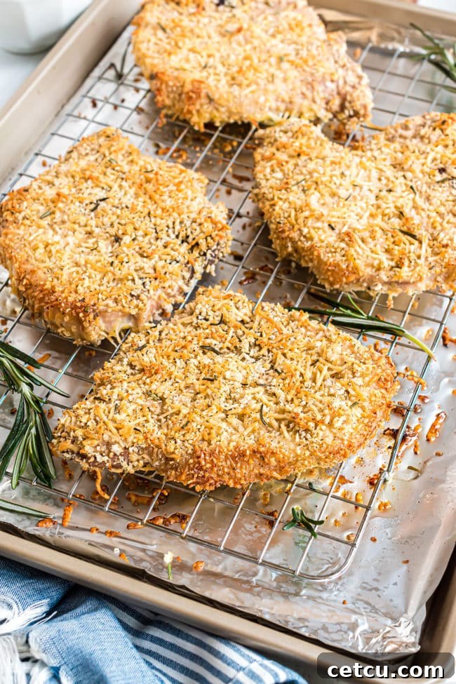 Freshly baked Parmesan crusted pork chops with a golden-brown coating, resting on a baking sheet on a wire rack.