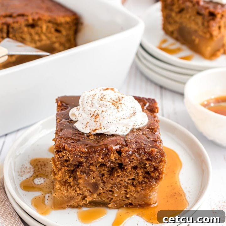 A delightful piece of Gingerbread Apple Cake, beautifully plated with a swirl of whipped cream and a generous drizzle of caramel syrup, signifying a perfect festive dessert.