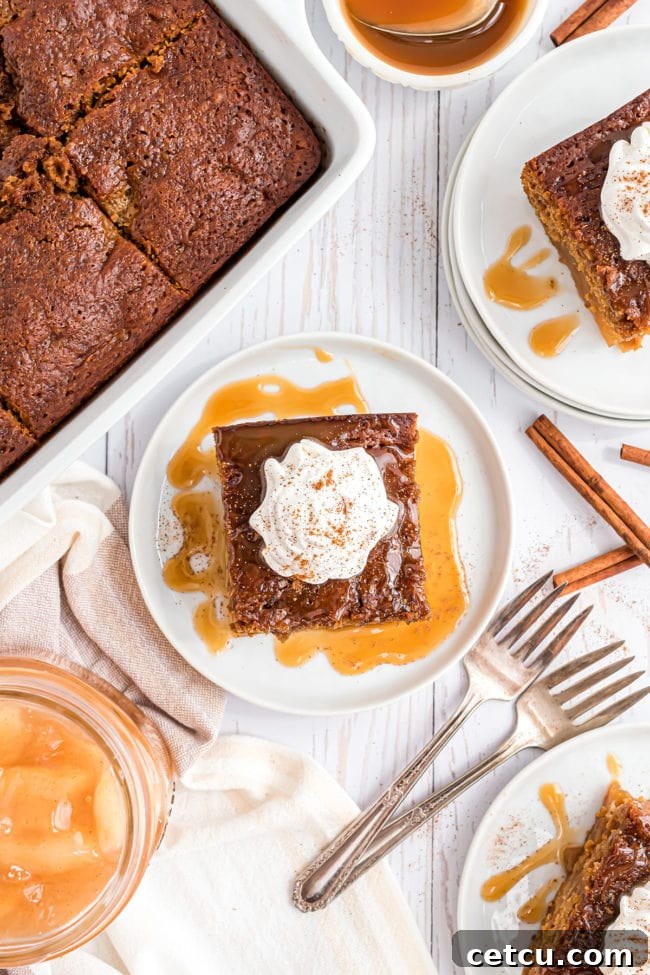 Spiced Apple Gingerbread Cake 9 An inviting overhead shot of the baked apple gingerbread cake, generously covered with a glistening layer of caramel sauce, highlighting its rich textures and warmth.