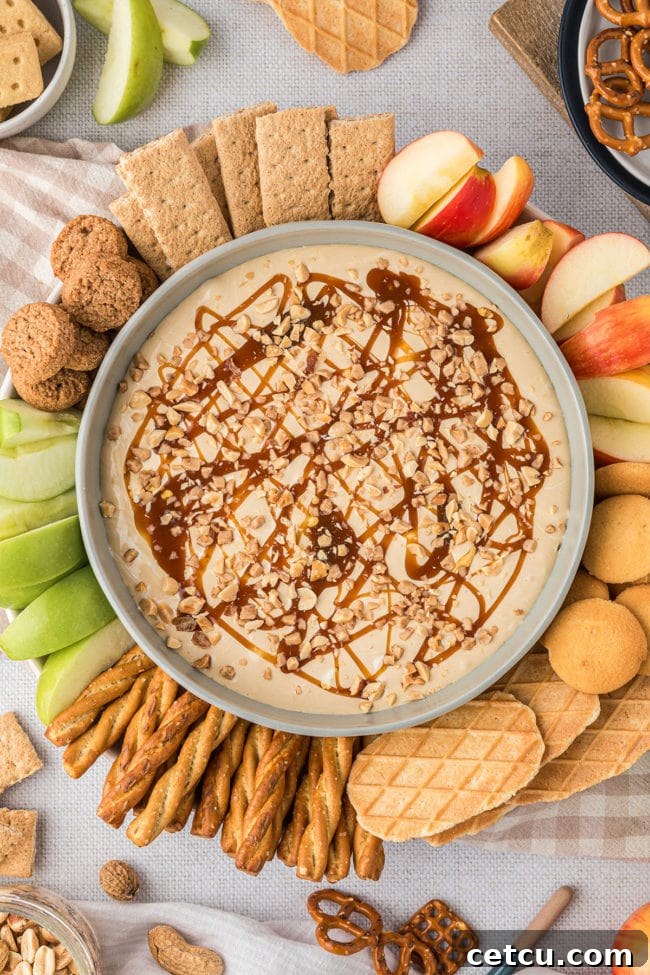 A beautifully arranged dessert dip in a bowl, surrounded by fresh apple slices, crunchy cookies, and graham crackers, creating an inviting spread.