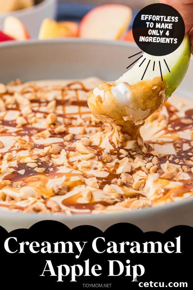 A green apple slice being dipped into a luscious dessert fruit dip, highlighting the creamy texture and inviting appeal of the treat.