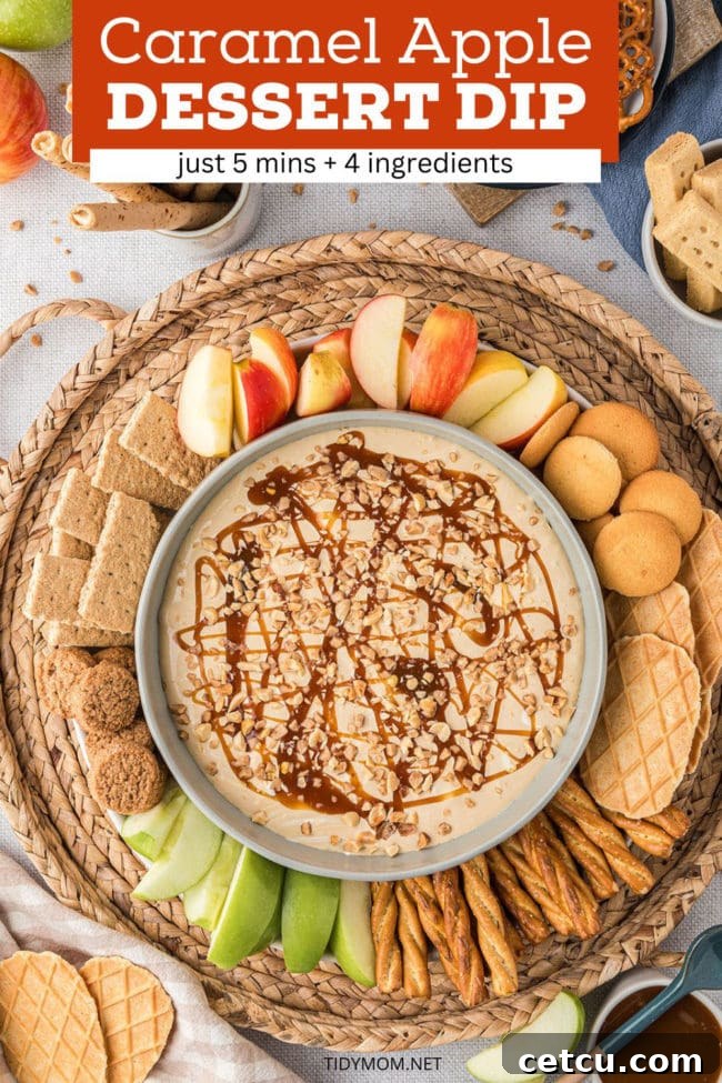 A tray filled with a bowl of caramel apple dip, surrounded by an inviting array of apple slices, various cookies, and crispy pretzels, creating a perfect spread for sharing.