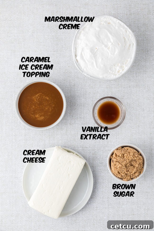 All the essential ingredients for a creamy caramel apple dip laid out on a surface, ready for preparation.