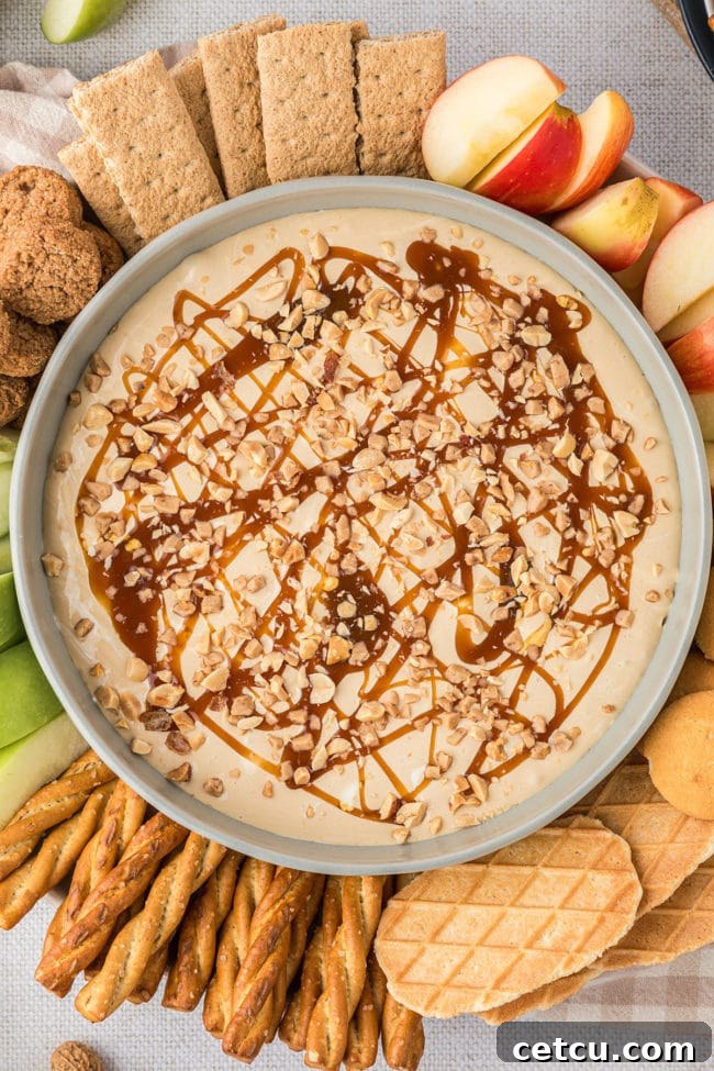 A serving bowl filled with creamy apple dip, surrounded by an assortment of fresh apple slices and various dippers, ready to be enjoyed.
