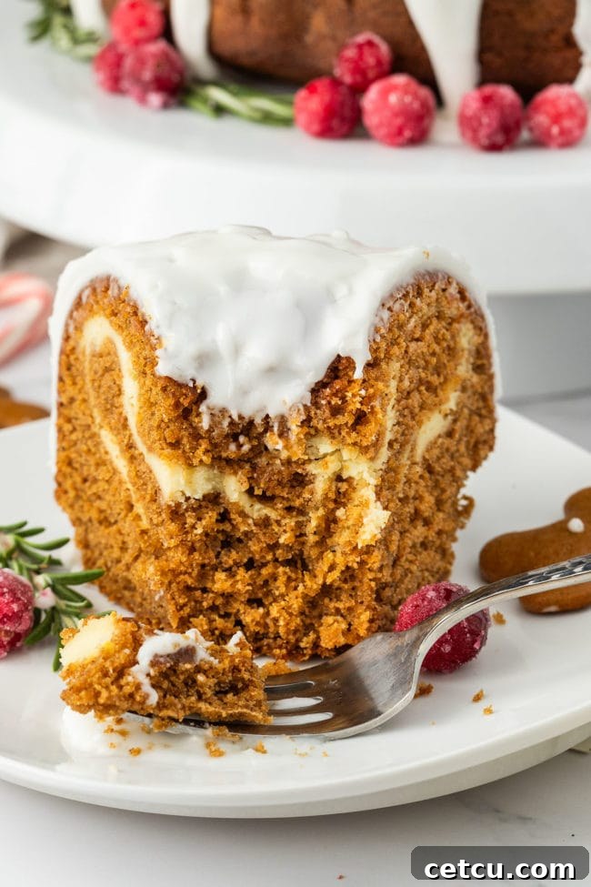 a bit of ginger bread cake on a white plate with a fork